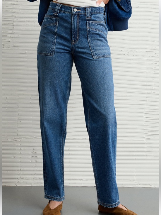 American Eagle Outfitters Denim - American Eagle Strigid Super High-Waisted Baggy Straight Jean Medium Wash 8 Long